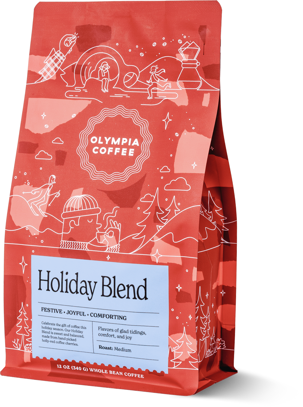 Red Olympia Holiday Blend coffee bag with white winter illustrations and label details.