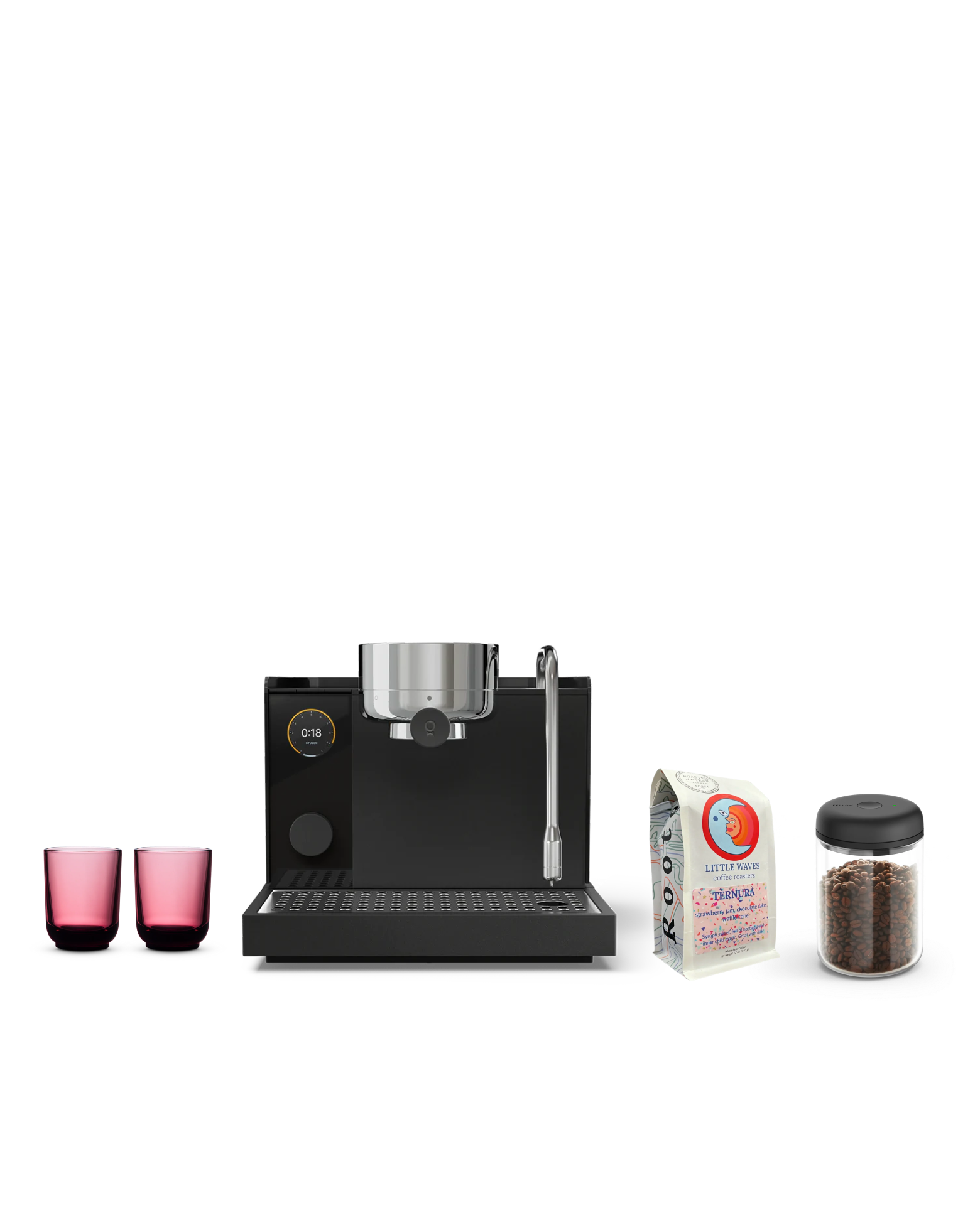Fellow Mother's Day Bundle: black espresso machine, glasses, coffee bag & storage jar.