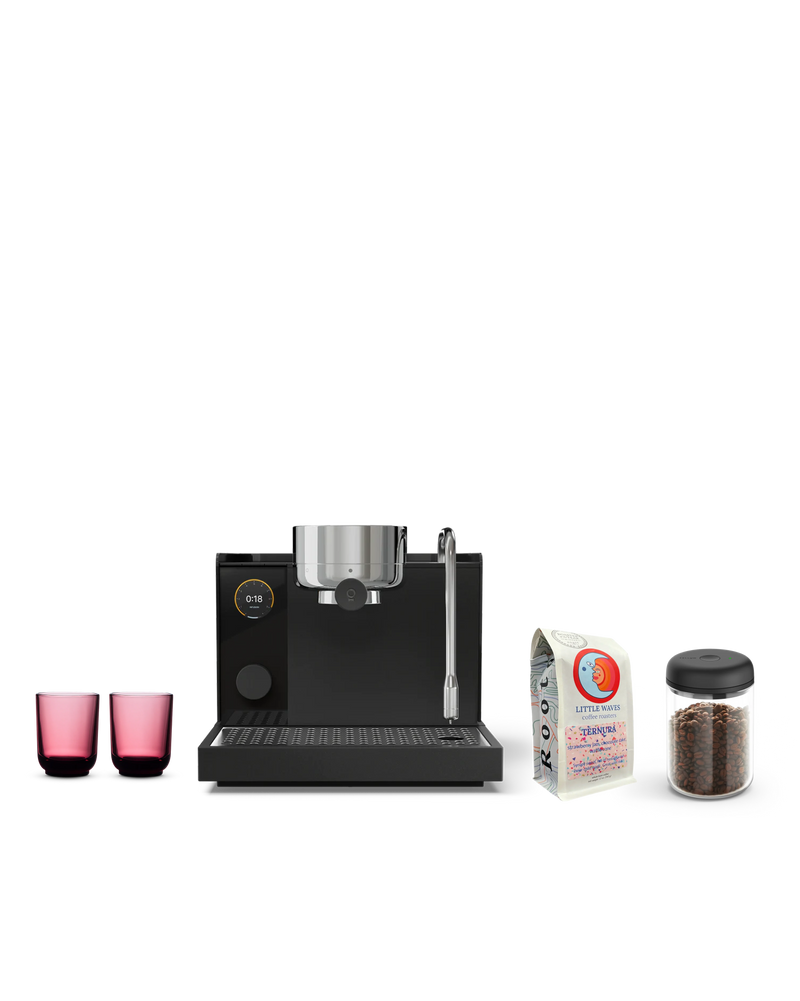 Fellow Mother's Day Bundle: black espresso machine, glasses, coffee bag & storage jar.