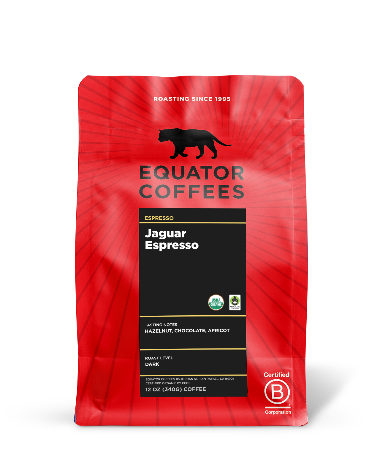 Red bag of Equator Coffees Jaguar Espresso with sun-dried coffee notes on the front.