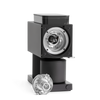 A black coffee grinder with a removable silver burr, perfect for any home barista.
