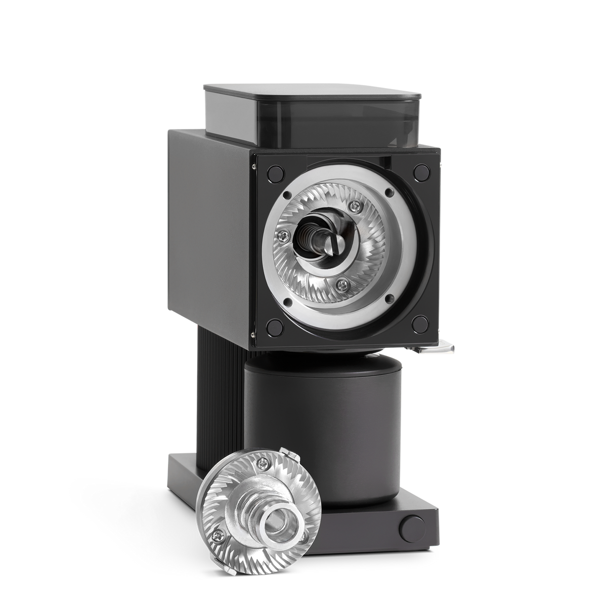 A black coffee grinder with a removable silver burr, perfect for any home barista.