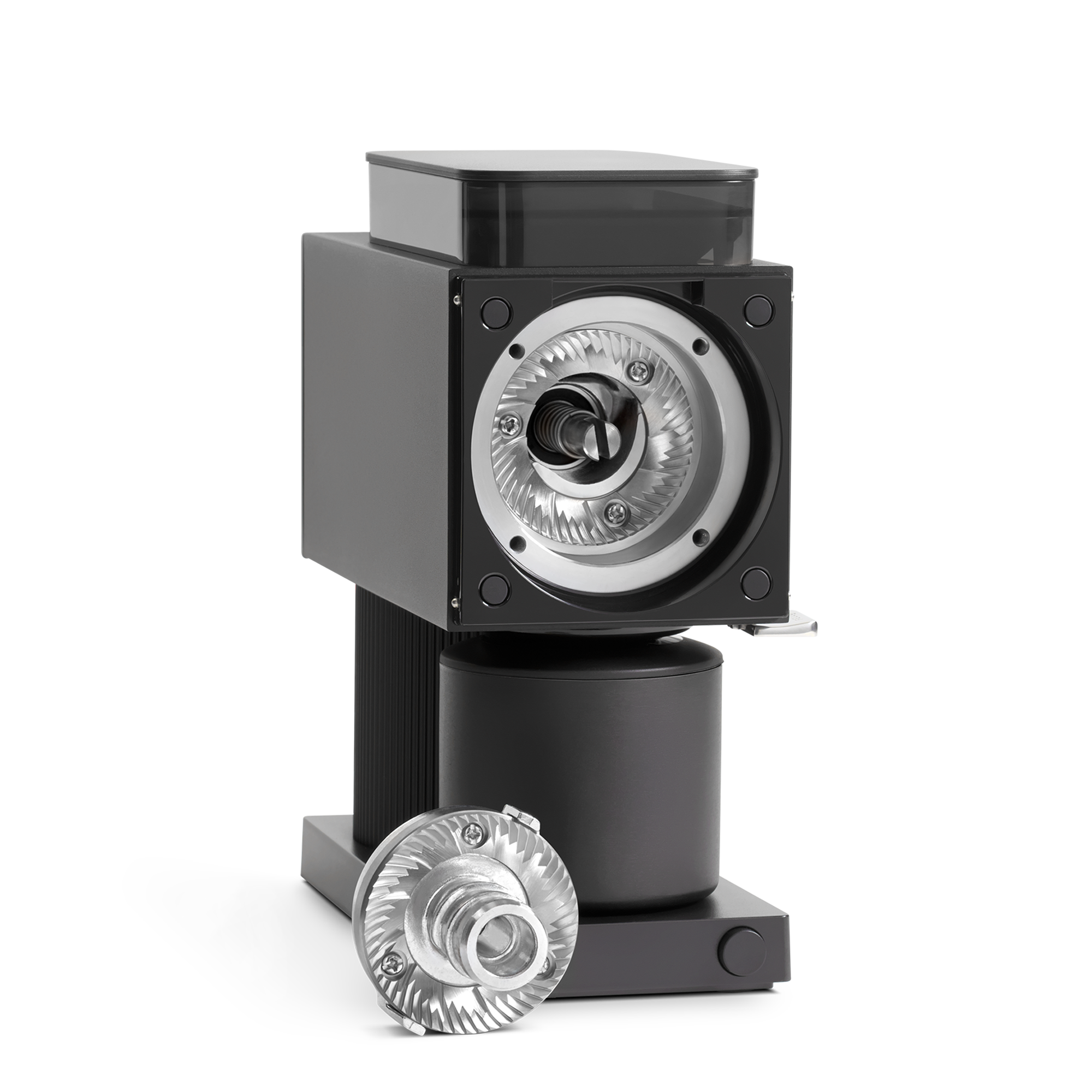A black coffee grinder with a removable silver burr, perfect for any home barista.
