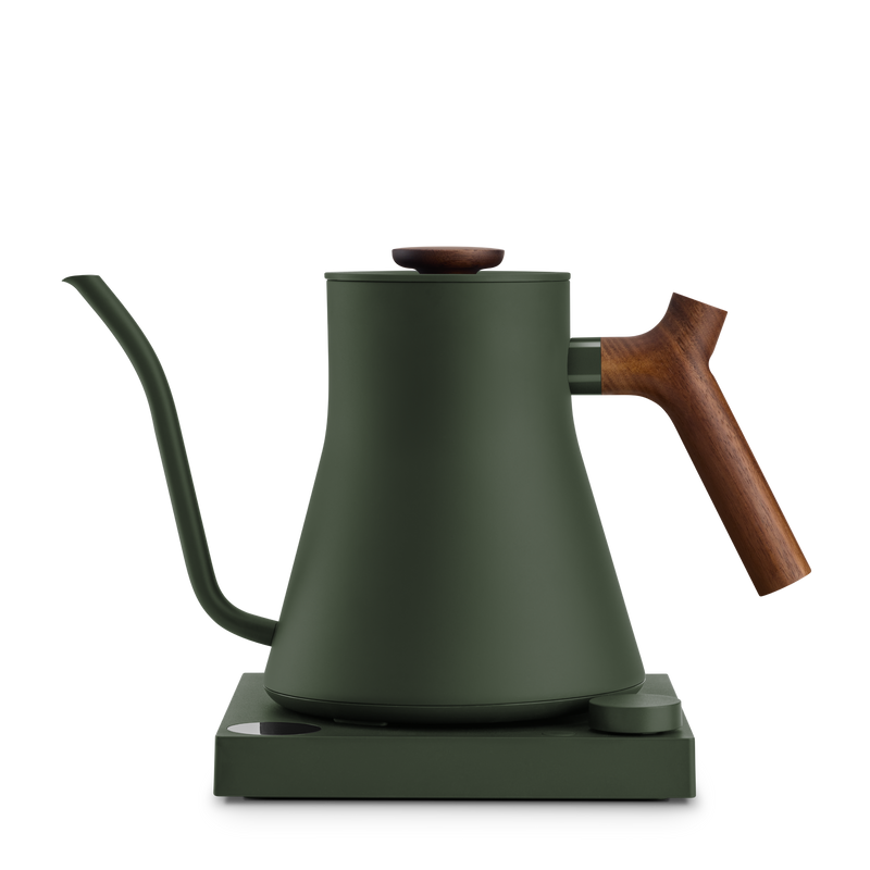 Fellow Stagg EKG Electric Kettle in Woodland + Walnut, fast-heating with matching base.