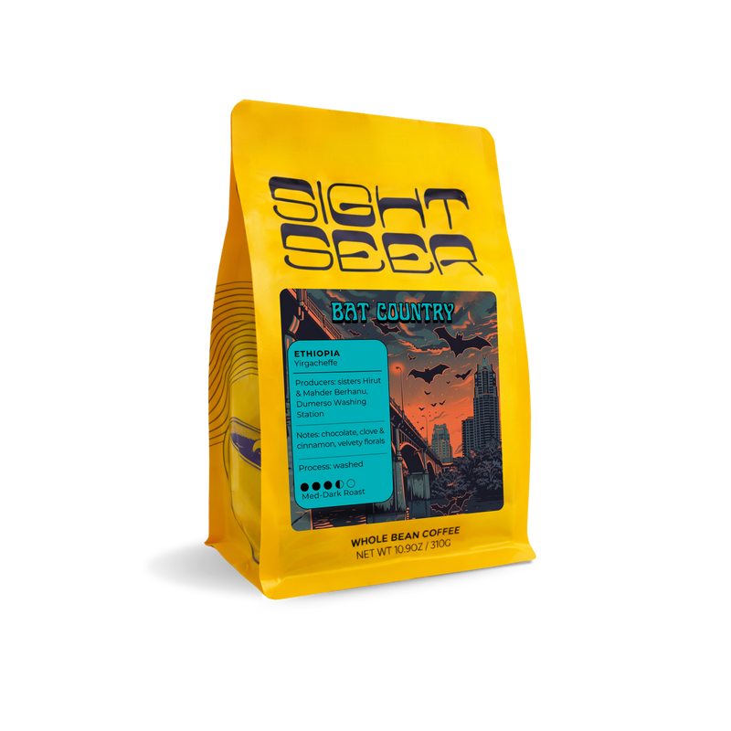 Yellow bag of Sightseer Coffee Bat Country washed Ethiopian coffee with colorful label.