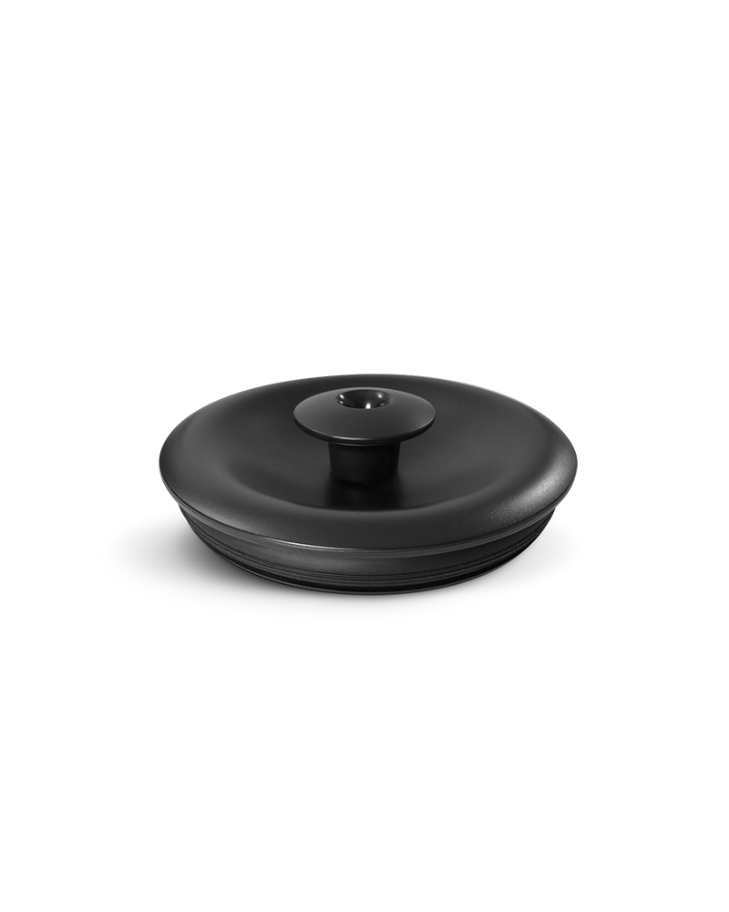 Black, round Fellow Aiden Precision Coffee Maker thermal carafe lid with central handle.