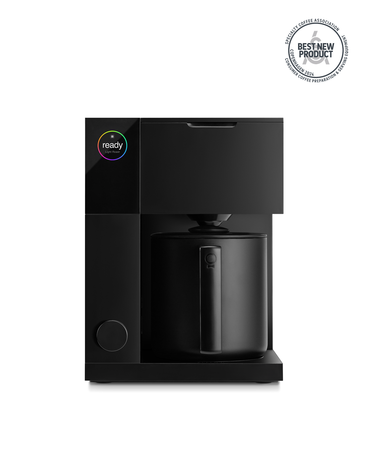 Fellow Aiden Precision Coffee Maker in matte black brews great coffee with digital display.