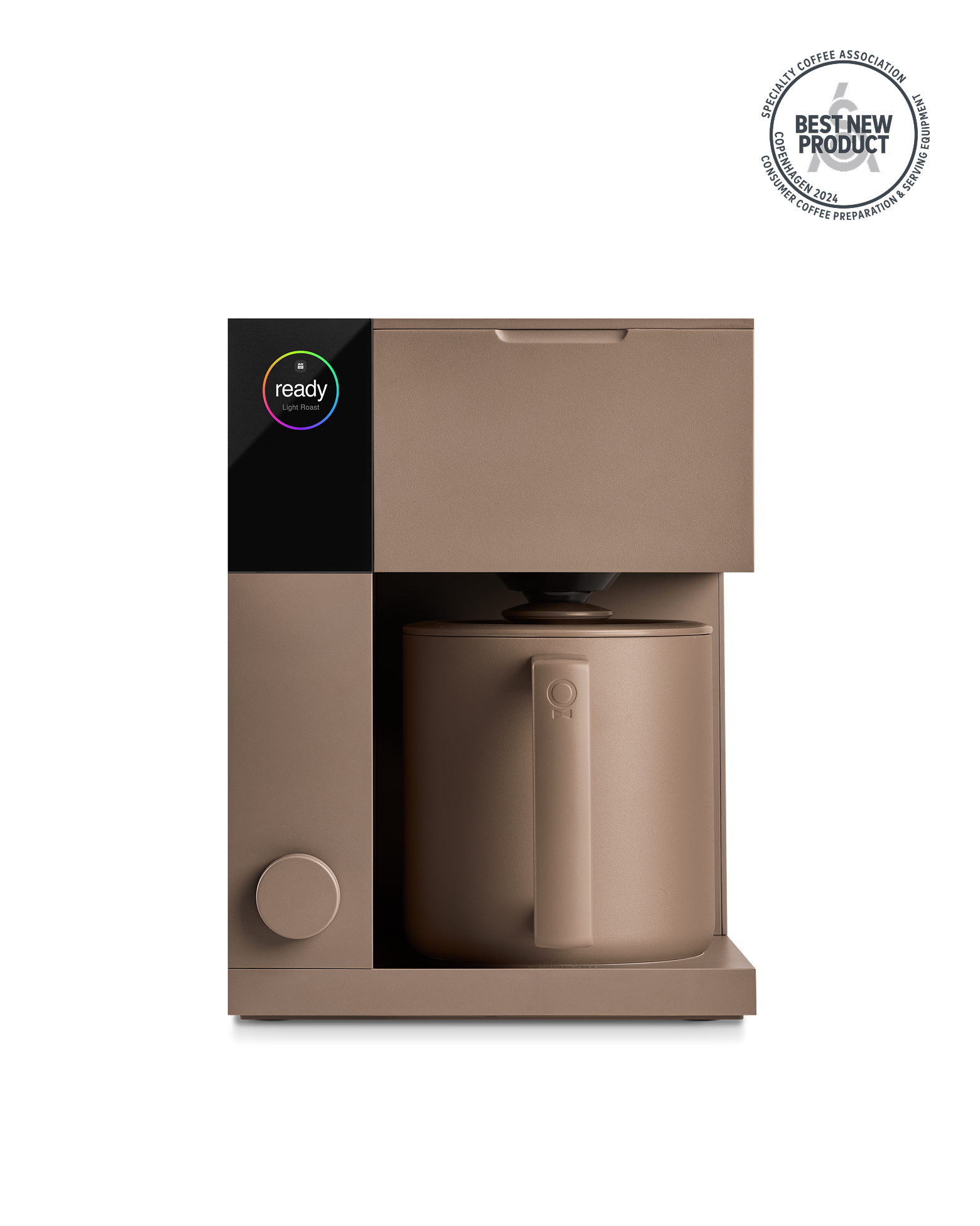Fellow Aiden Precision Coffee Maker in Malted Chocolate with mug, ready light, and award badge.