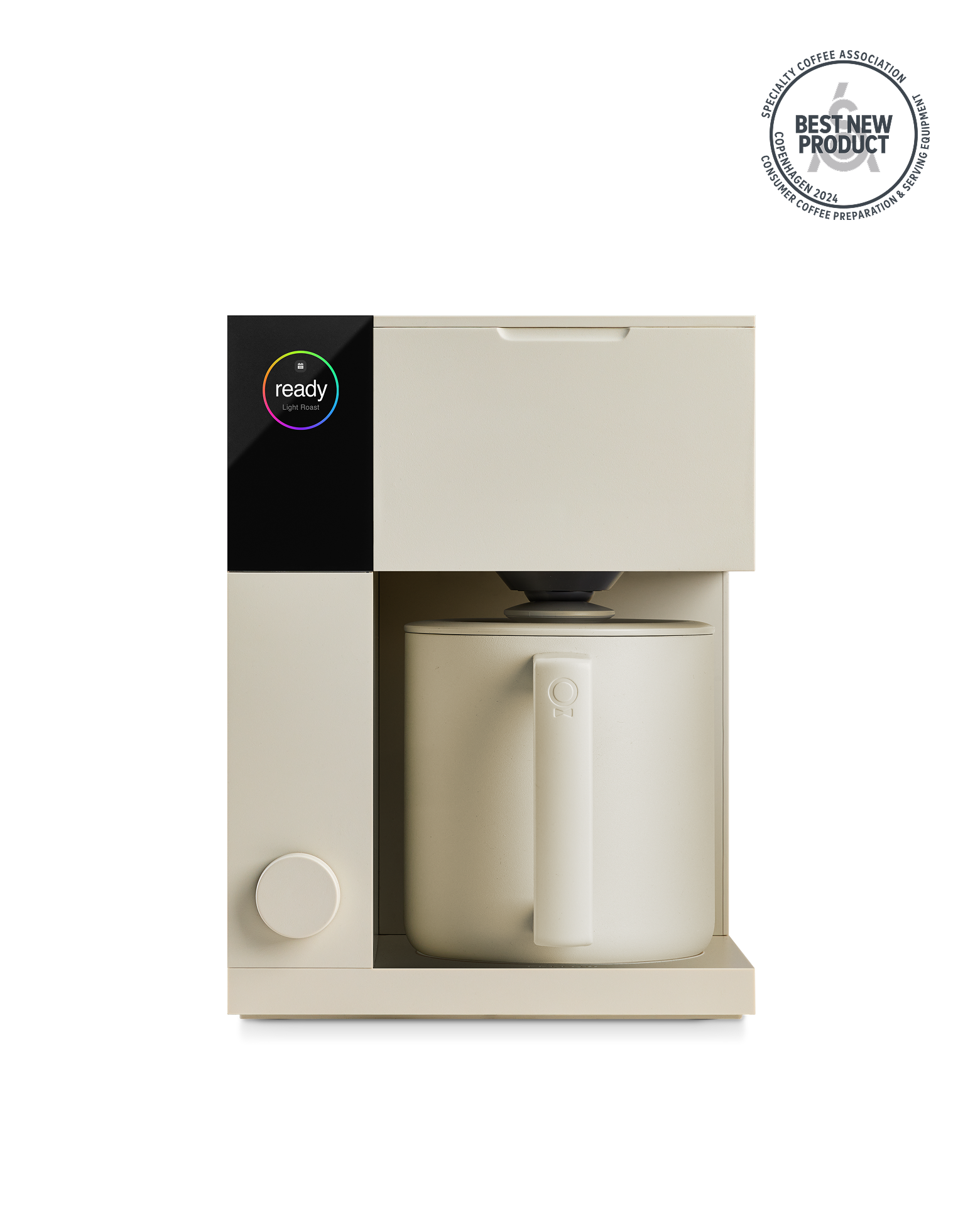 Fellow Aiden Precision Coffee Maker in Sesame with digital display and matching carafe.