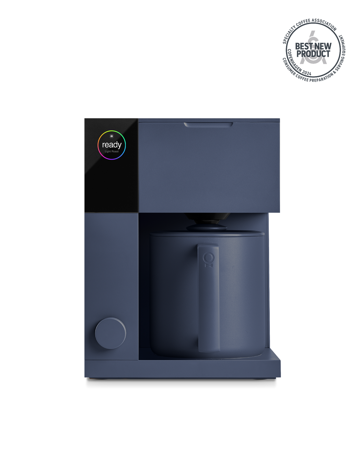 Fellow Aiden Precision Coffee Maker in Storm Blue with carafe, Brew Profile control, Best New badge.