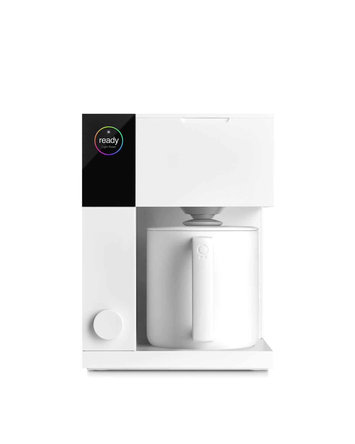 Fellow Aiden Precision Coffee Maker: white, automatic, digital display, with large mug underneath.