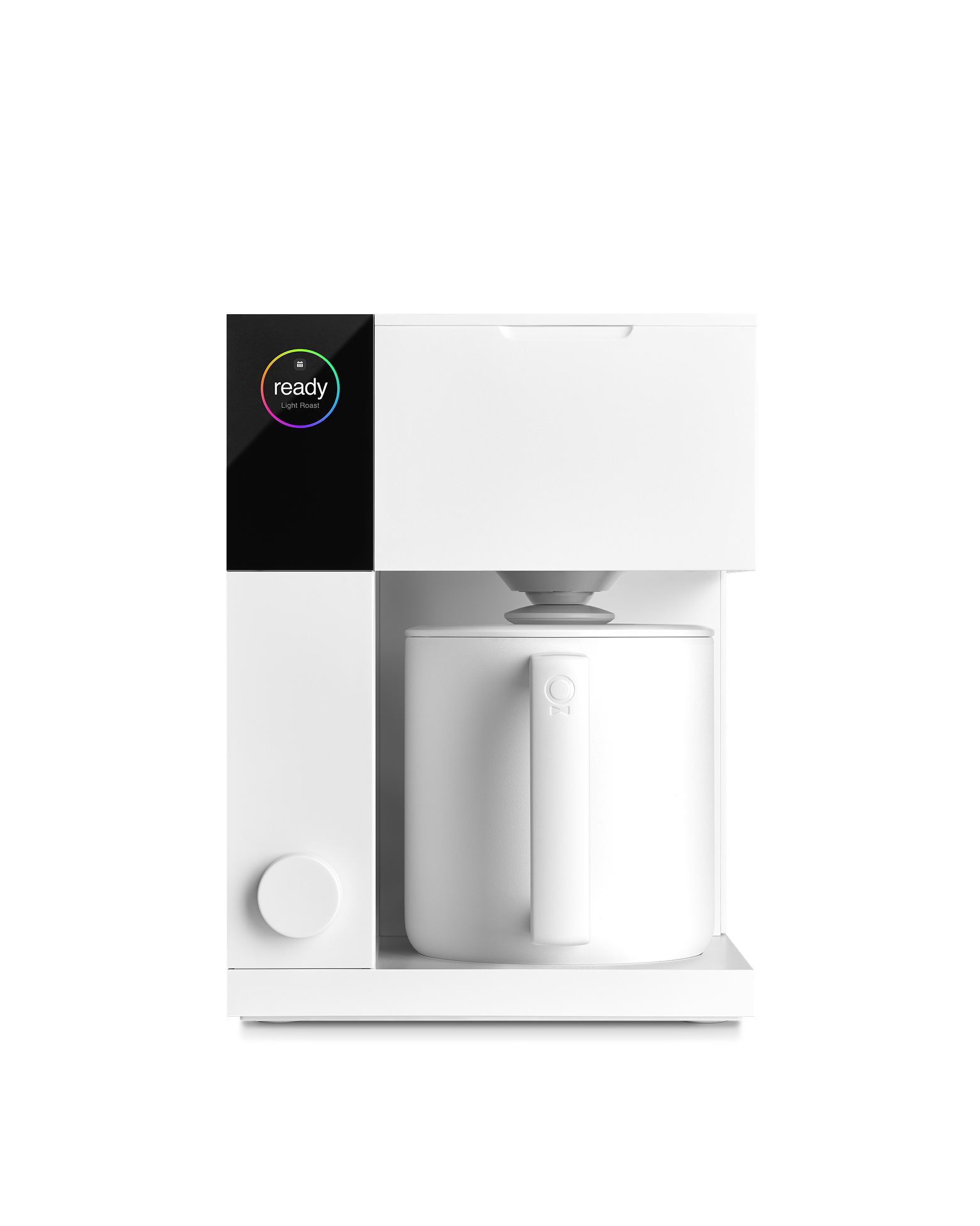 Fellow Aiden Precision Coffee Maker: white, automatic, digital display, with large mug underneath.