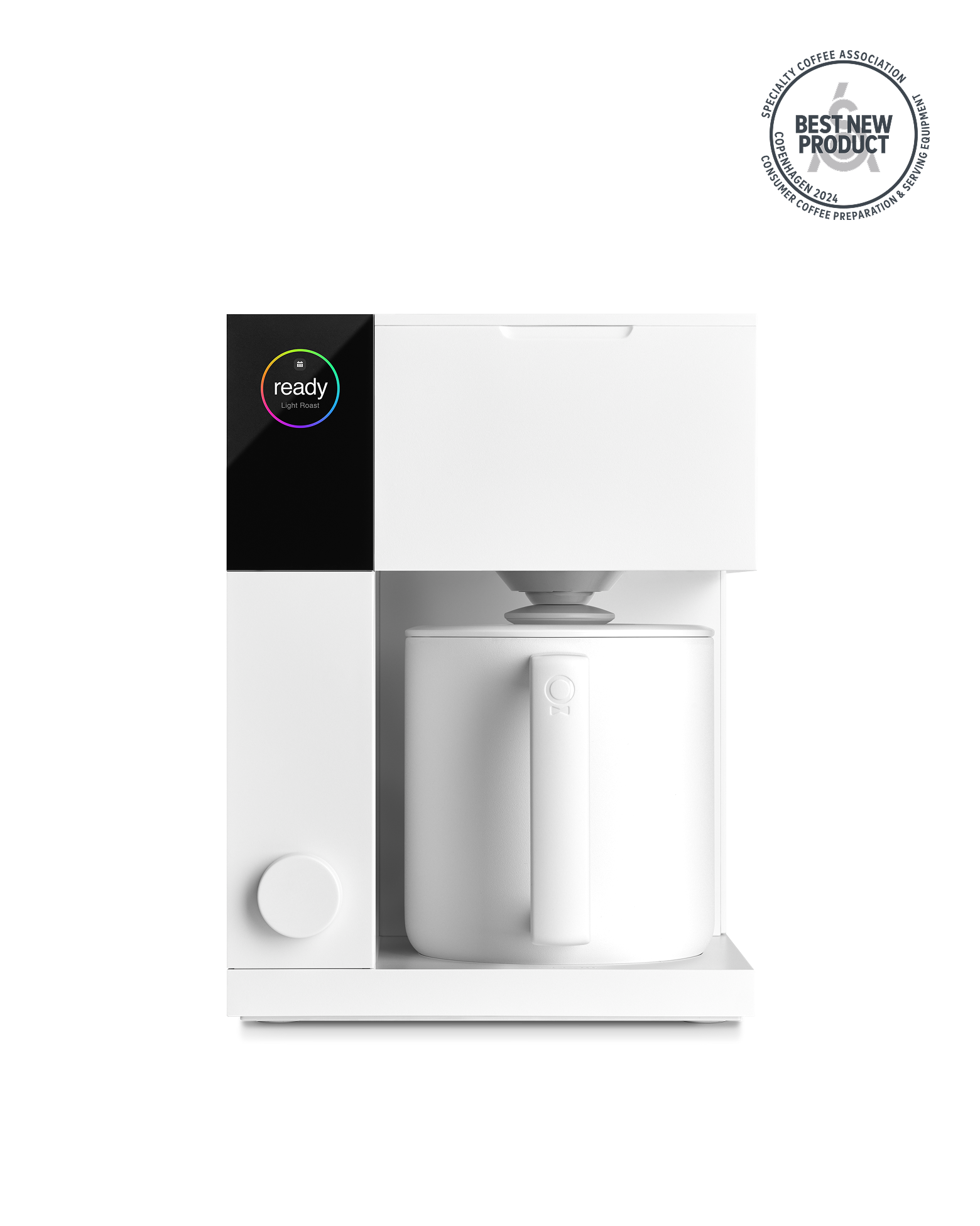 Fellow Aiden Precision Coffee Maker in matte white brews coffee easily into a matching mug.