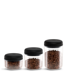 Fellow Atmos 3 Pack: clear coffee jars with black lids, nested by size in classic style.