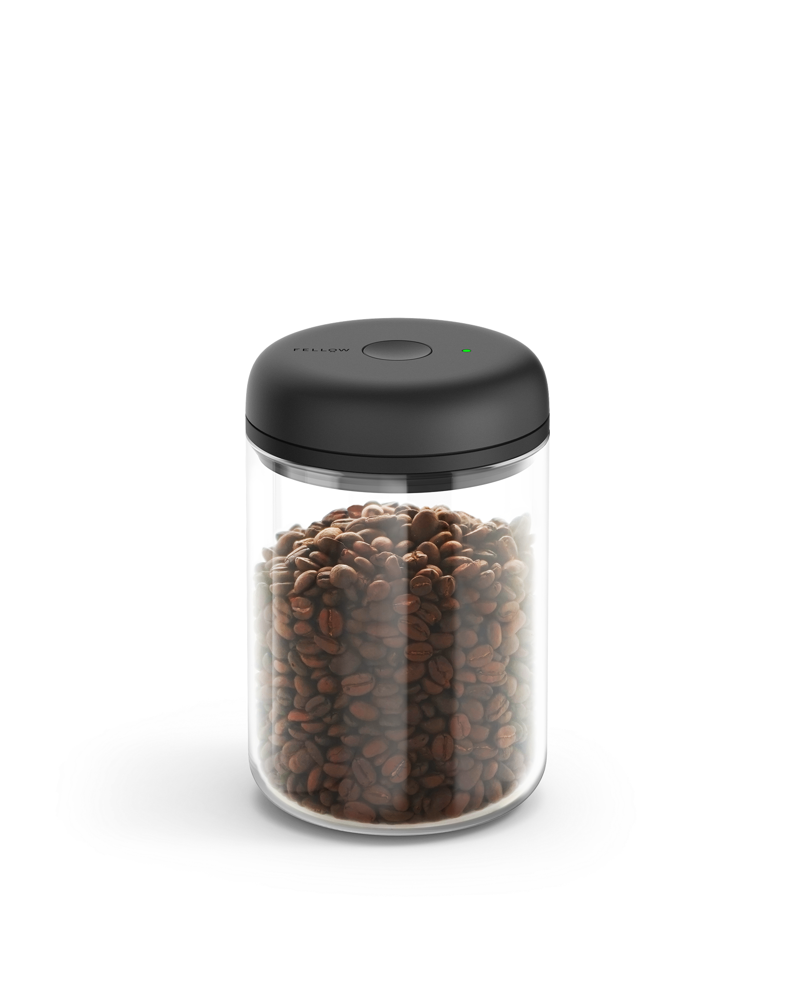 Fellow Atmos Vacuum Canister with black lid, filled with coffee beans on a white background.