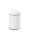 The Fellow Atmos Vacuum Canister is a small white canister with button, great for coffee beans.