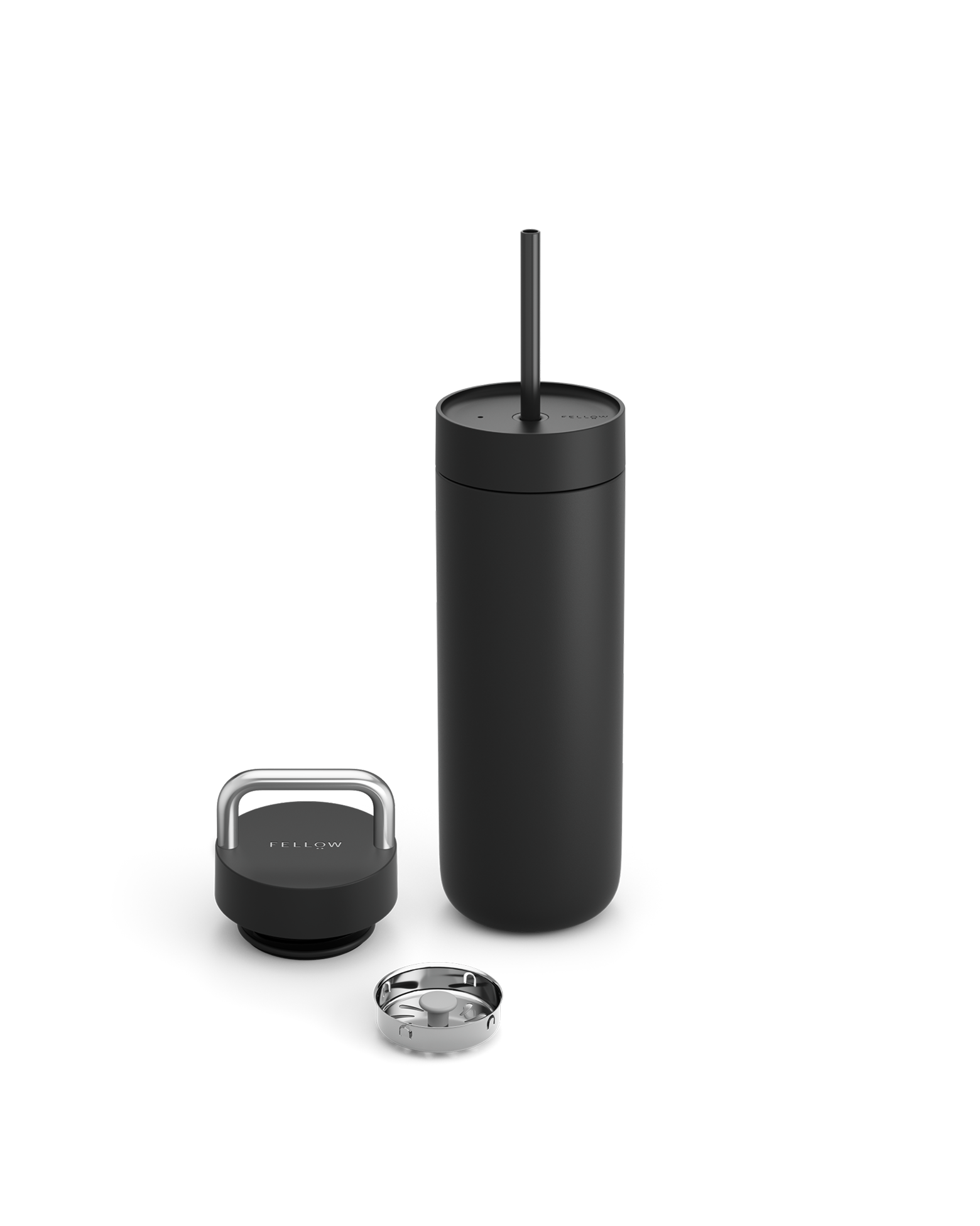 Fellow Carter 2-in-1 Chill Set: black insulated bottle with straw, extra lid, and metal ring.