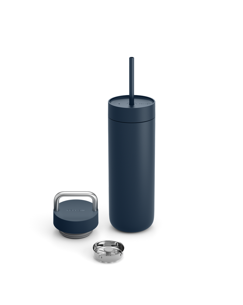 Fellow Carter 2-in-1 Chill Set in Stone Blue, vacuum insulated with straw, lid, and metal cap.