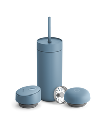 Giftable Fellow Carter 3-in-1 Lid System tumbler with straw and two containers, matte blue.
