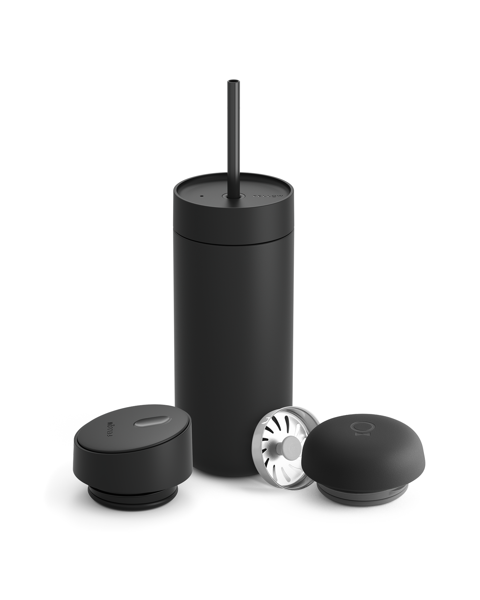 Fellow Carter 3-in-1 Lid System mug in matte black with straw, lid, and two round accessories.