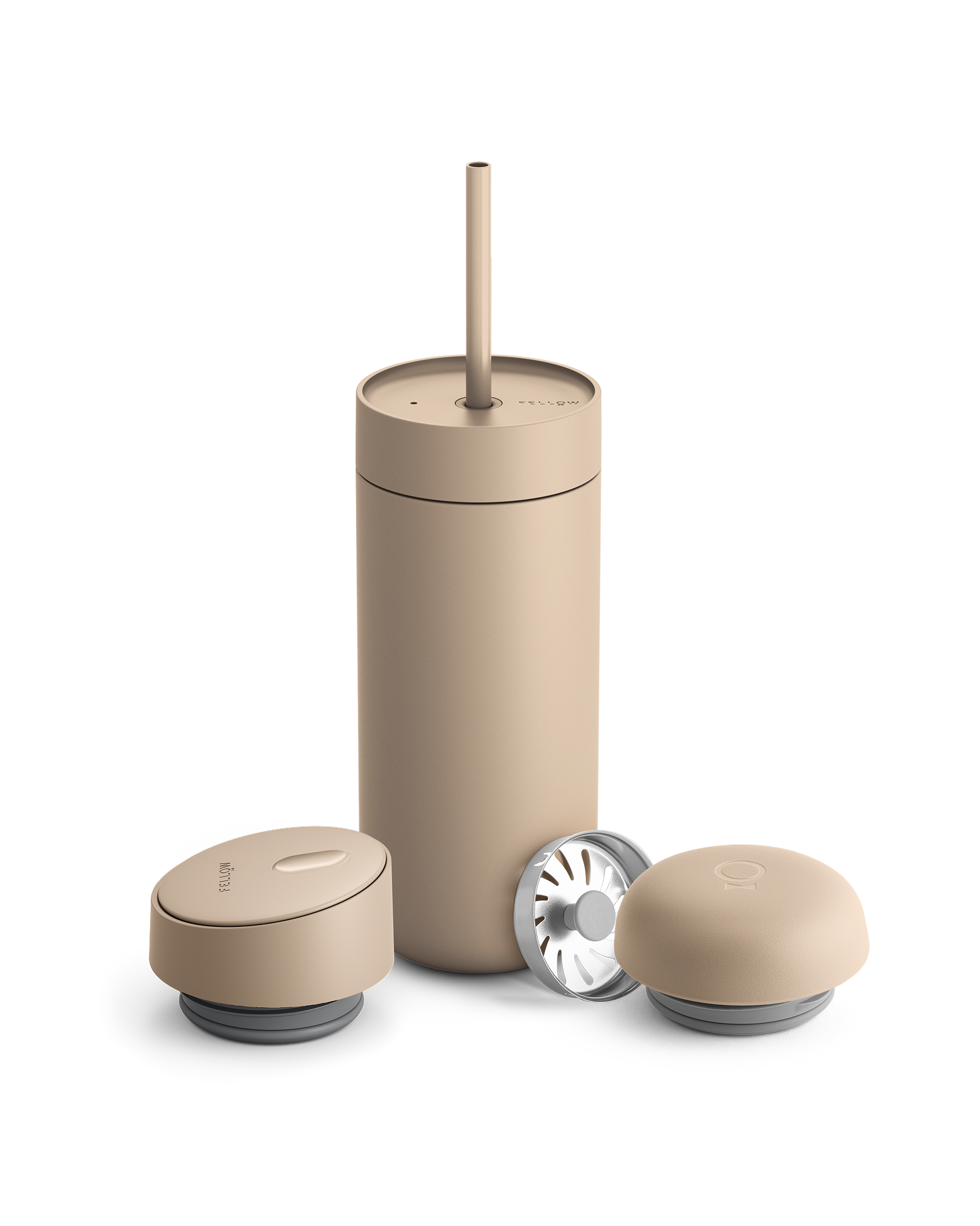 Fellow Carter 3-in-1 Lid System: beige mug with straw, two lids, and metal filter.