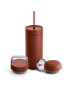 Fellow Carter 3-in-1 Lid System mug in rust with straw, metal handle lid, and round lid.