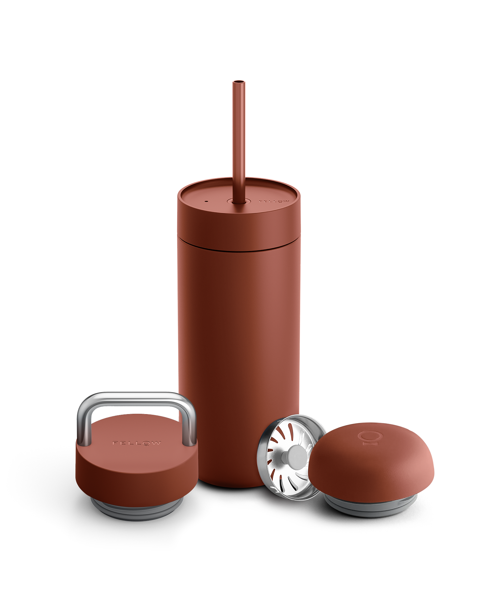 Fellow Carter 3-in-1 Lid System mug in rust with straw, metal handle lid, and round lid.