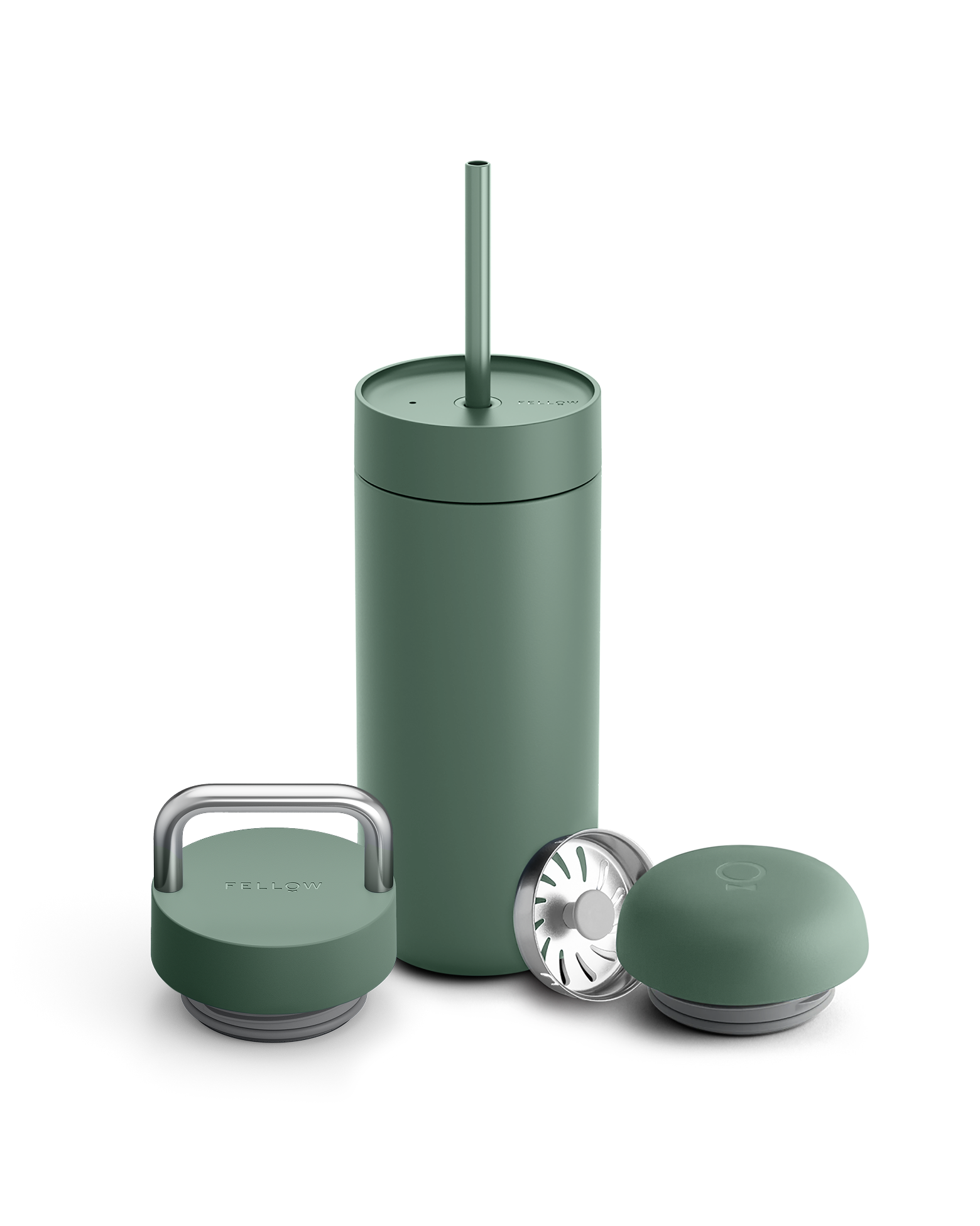 Fellow Carter 3-in-1 Lid System: matte green coffee tumbler with straw, three gift lids.