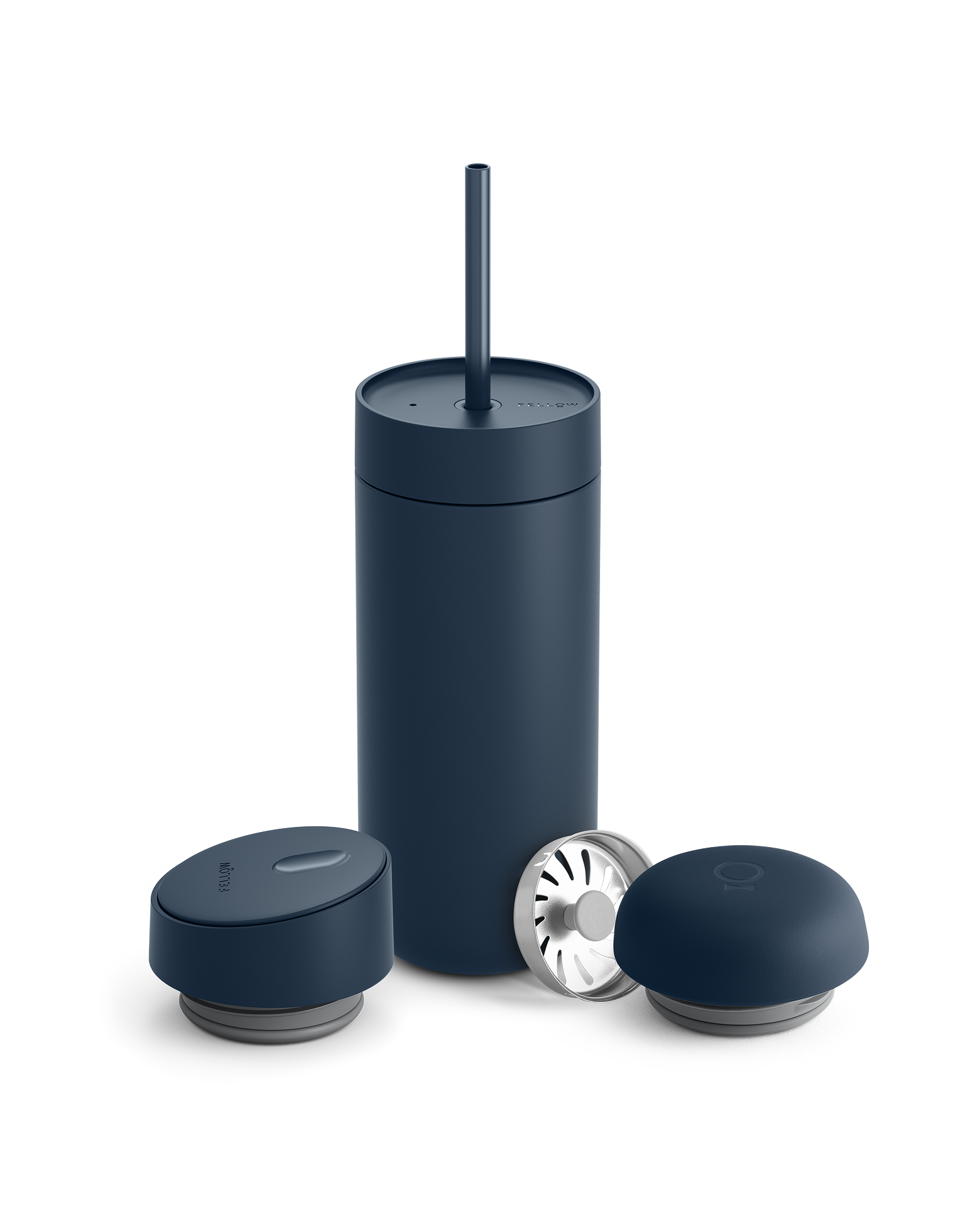 Dark blue Fellow Carter 3-in-1 Lid System mug with straw and accessories on white background.