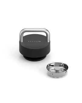Fellow The Carry Lid in black and silver with detachable metal filter, on white background.