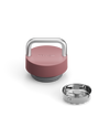 Fellow The Carry Lid in pink and silver with handle, shown next to a separate metal filter.