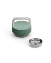Fellow The Carry Lid, green and silver, with separate metal strainer on white background.