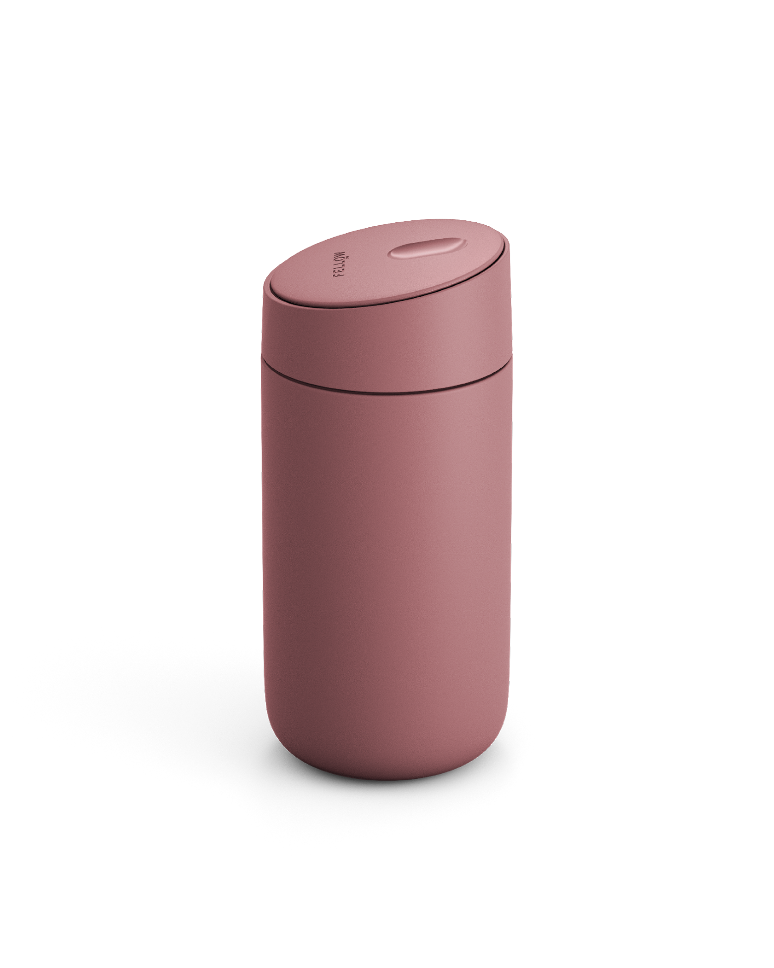 The Fellow Carter Slide Mug, a pink reusable travel cup with a rounded lid, on white background.