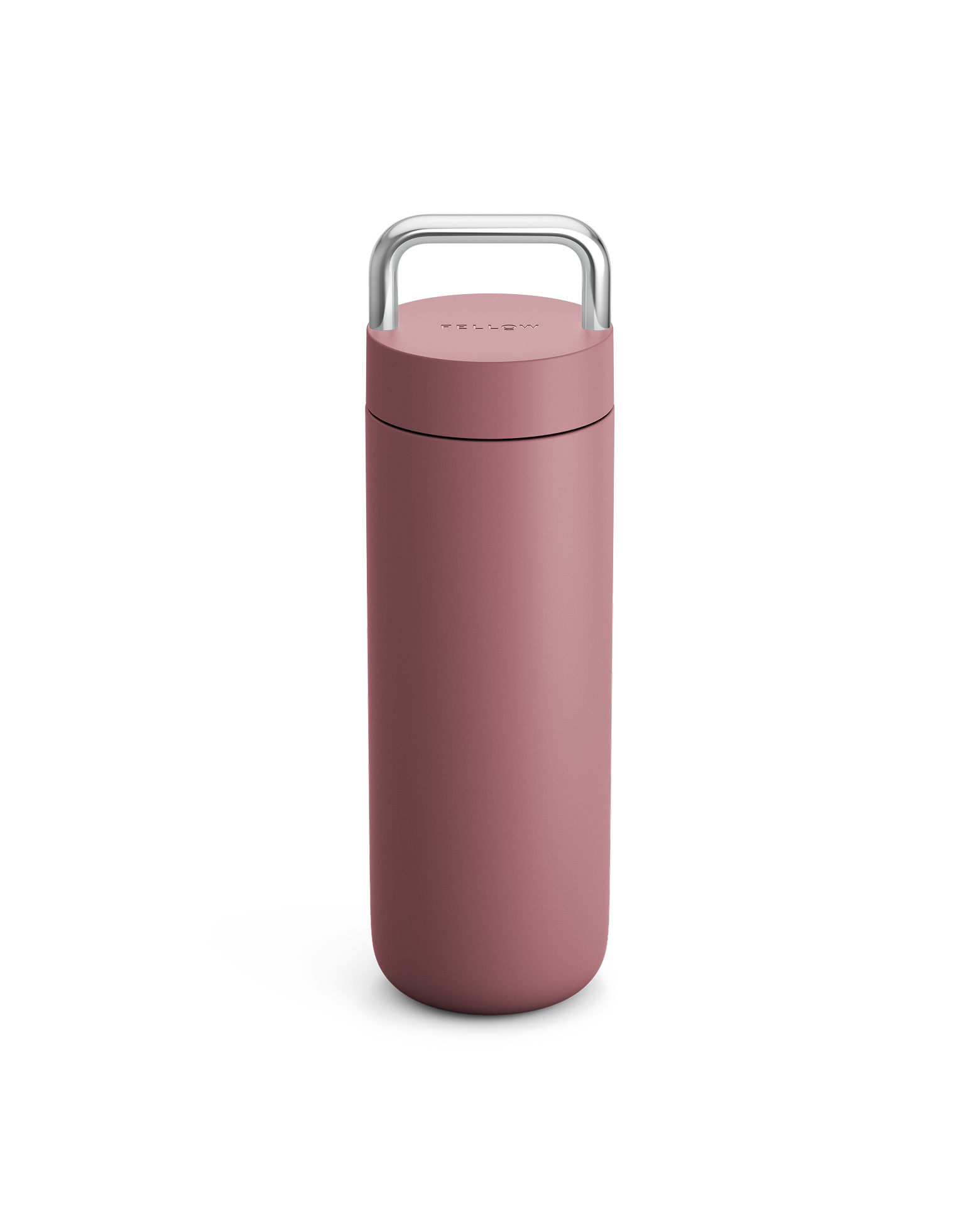 Fellow Carter Carry Travel Mug in Desert Rose, upright with silver handle on white background.
