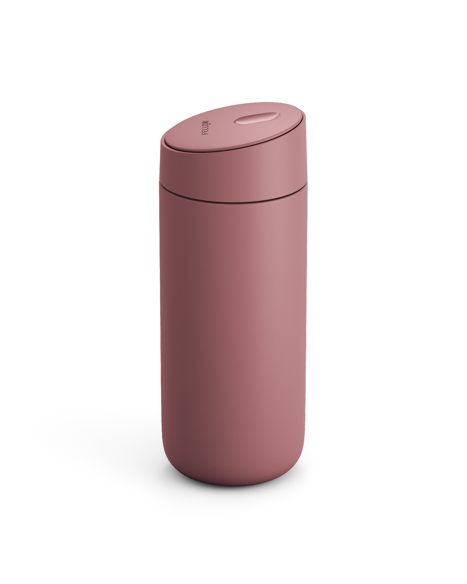 The Fellow Carter Slide Mug is a matte pink reusable travel mug with a rounded lid.