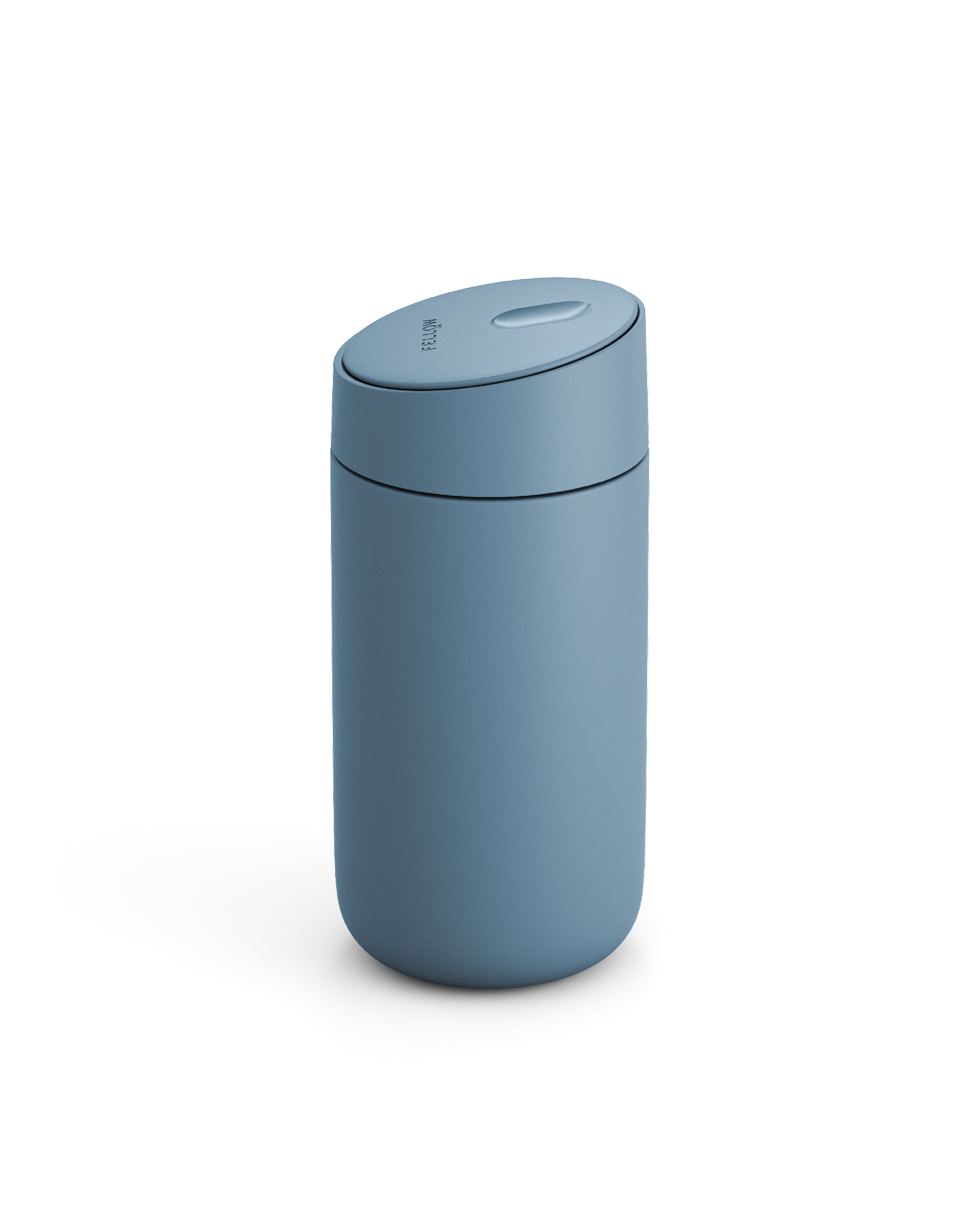 Fellow Carter Slide Mug in matte blue with rounded shape and matching lid, on white background.