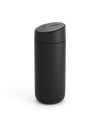 Fellow Carter Slide Mug in matte black with rounded body and matching lid on white background.