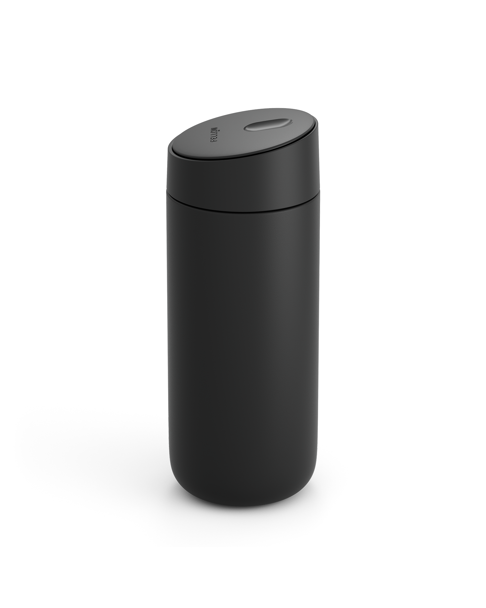 Fellow Carter Slide Mug in matte black with rounded body and matching lid on white background.
