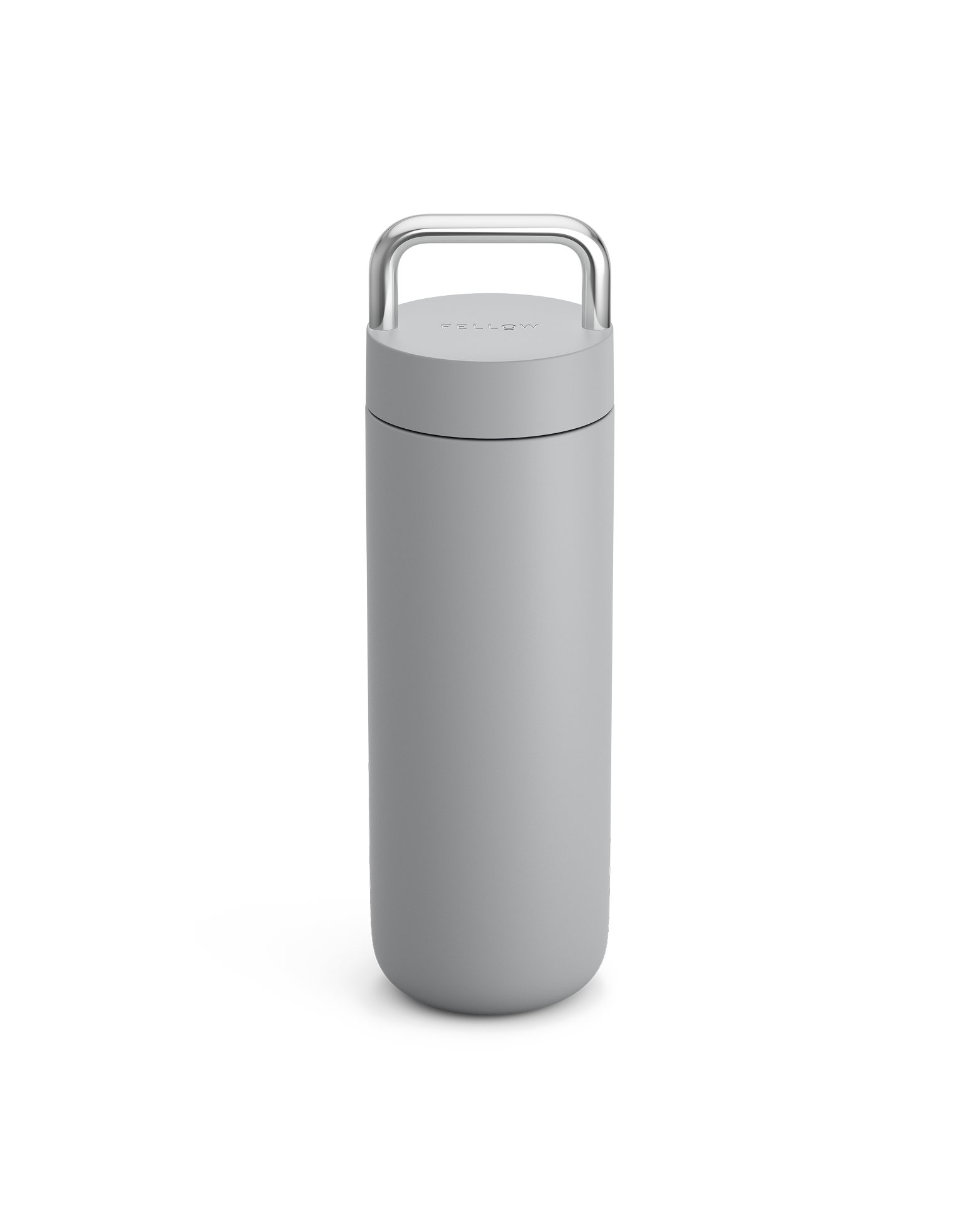 Fellow Carter Carry Travel Mug in Matte Grey with silver handle on a plain white background.