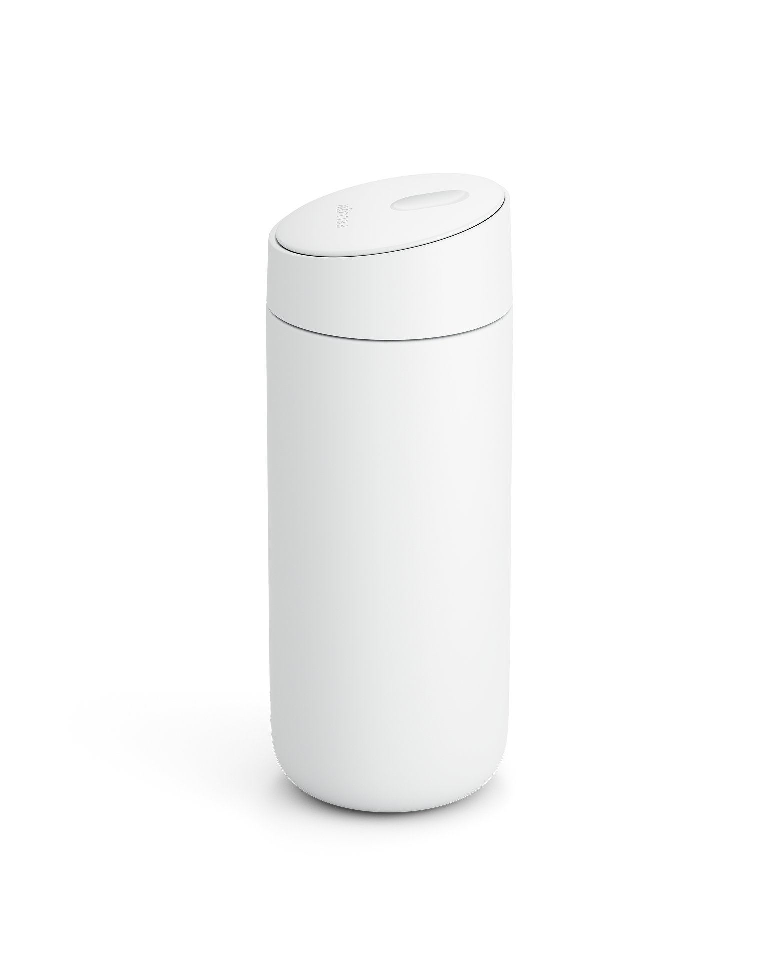 Fellow Carter Slide Mug, white and cylindrical with angled lid, on plain white background.