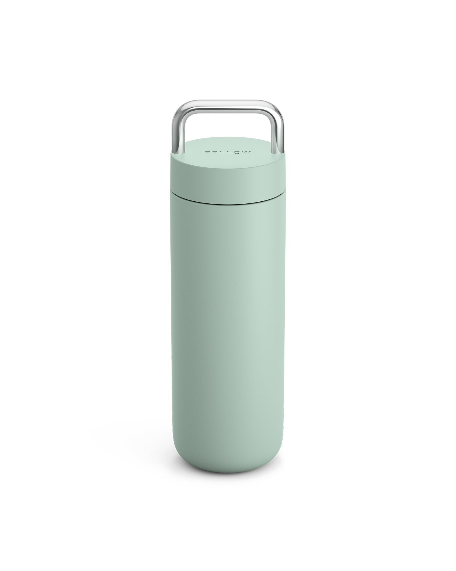 Fellow Carter Carry Travel Mug in Mint Chip with silver handle, on a white background.