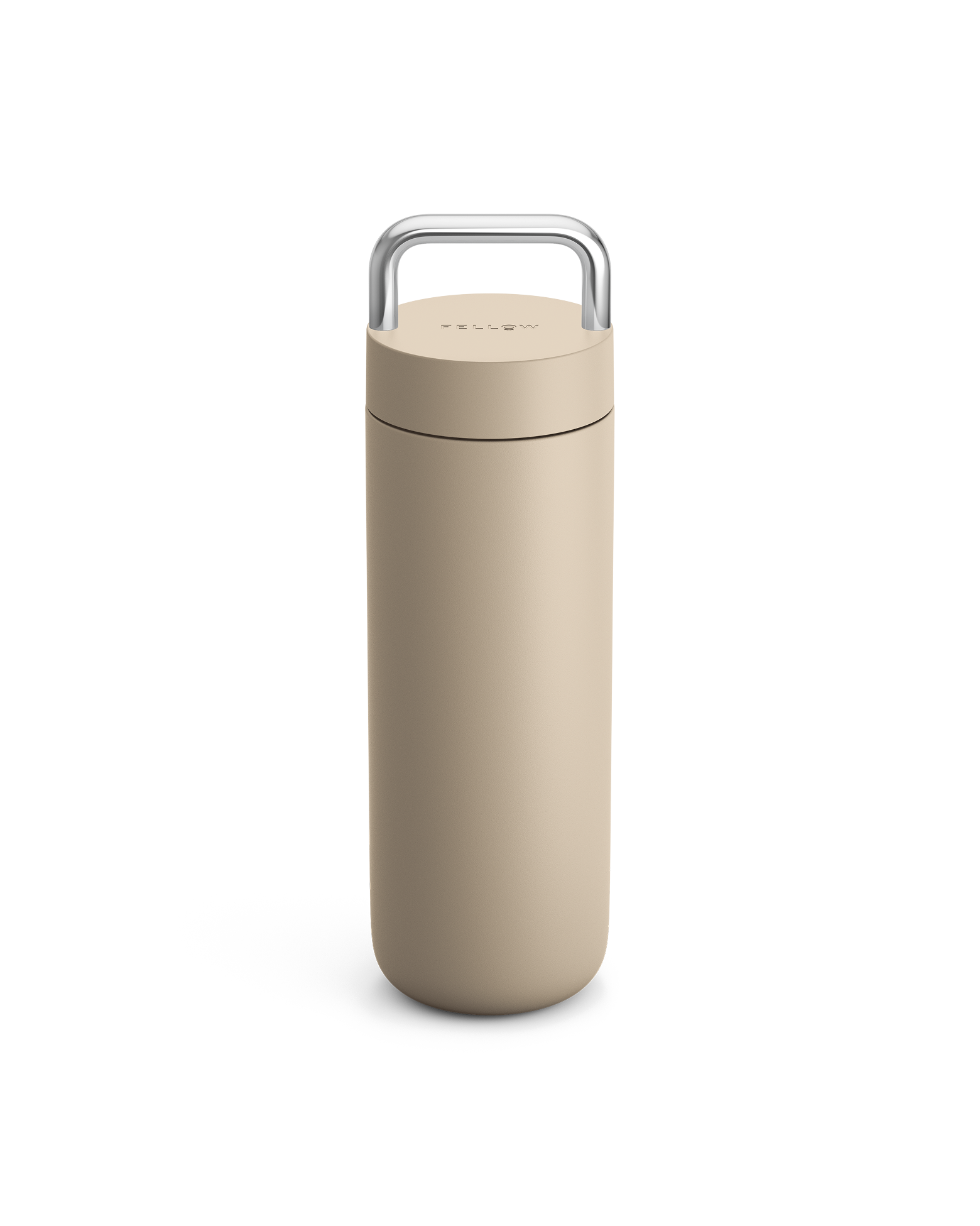 Fellow Carter Carry Travel Mug in Sand Dune with silver handle on a white background.