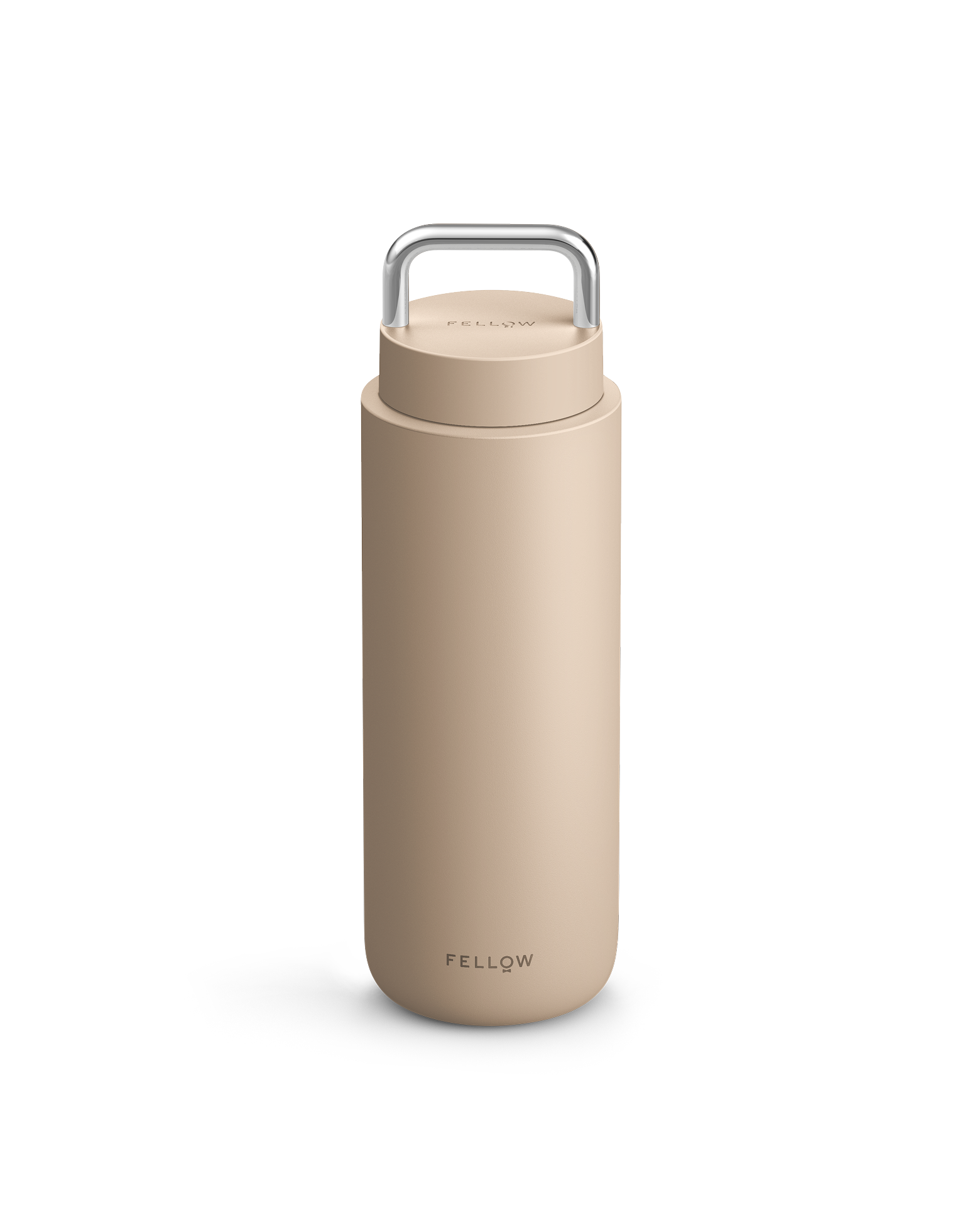 Sand Dune Carter Carry Travel Mug by Fellow with handle and logo on a white background.