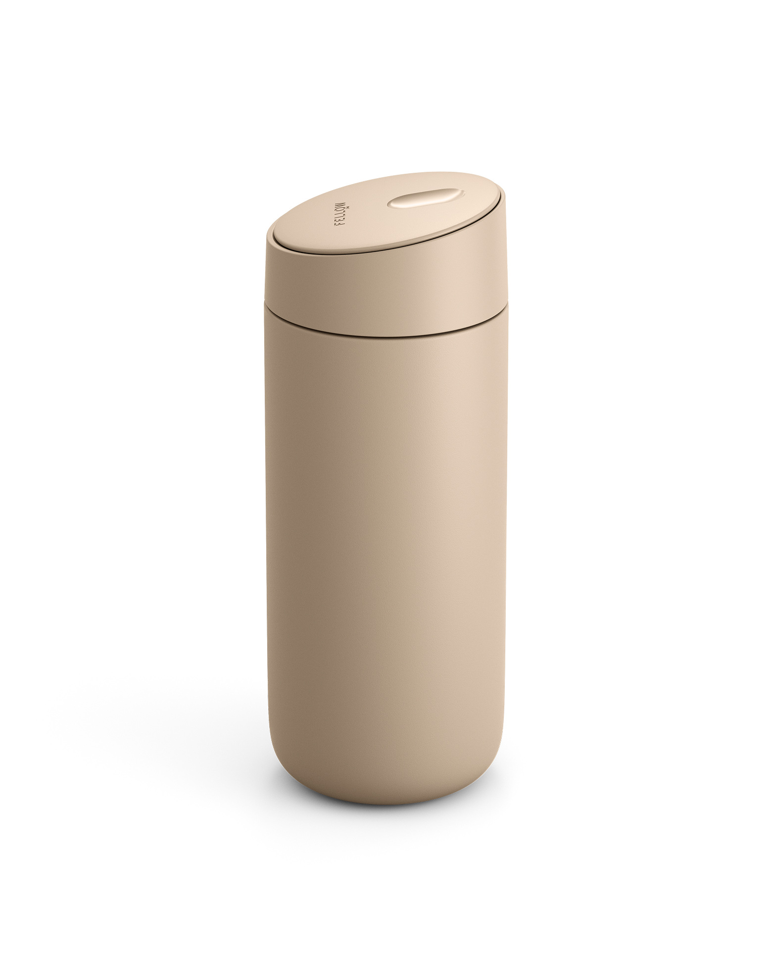 Fellow Carter Slide Mug in beige with oval push-button lid on a white background.