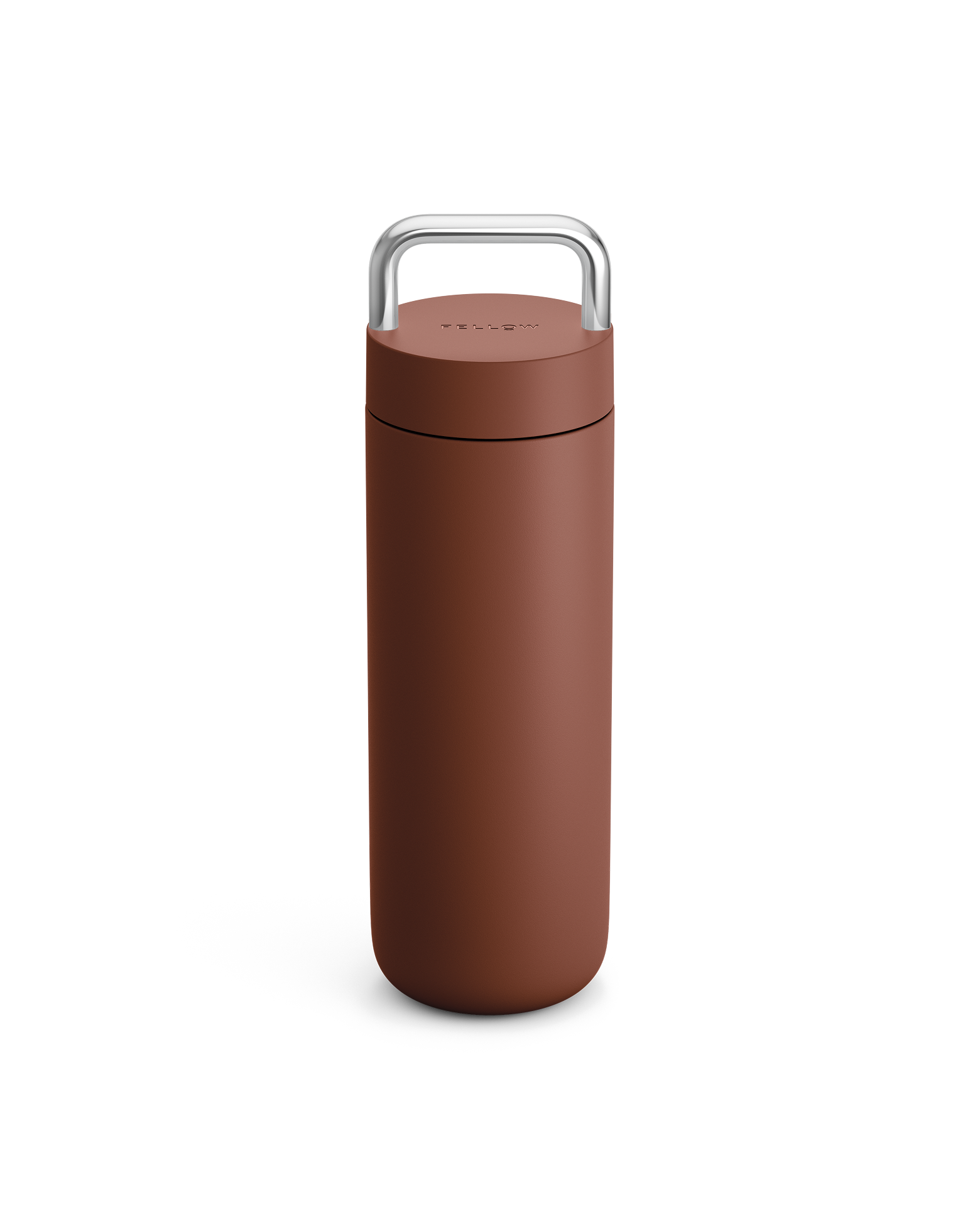 The Fellow Carter Carry Travel Mug in Sienna, shown with silver handle, on a white background.