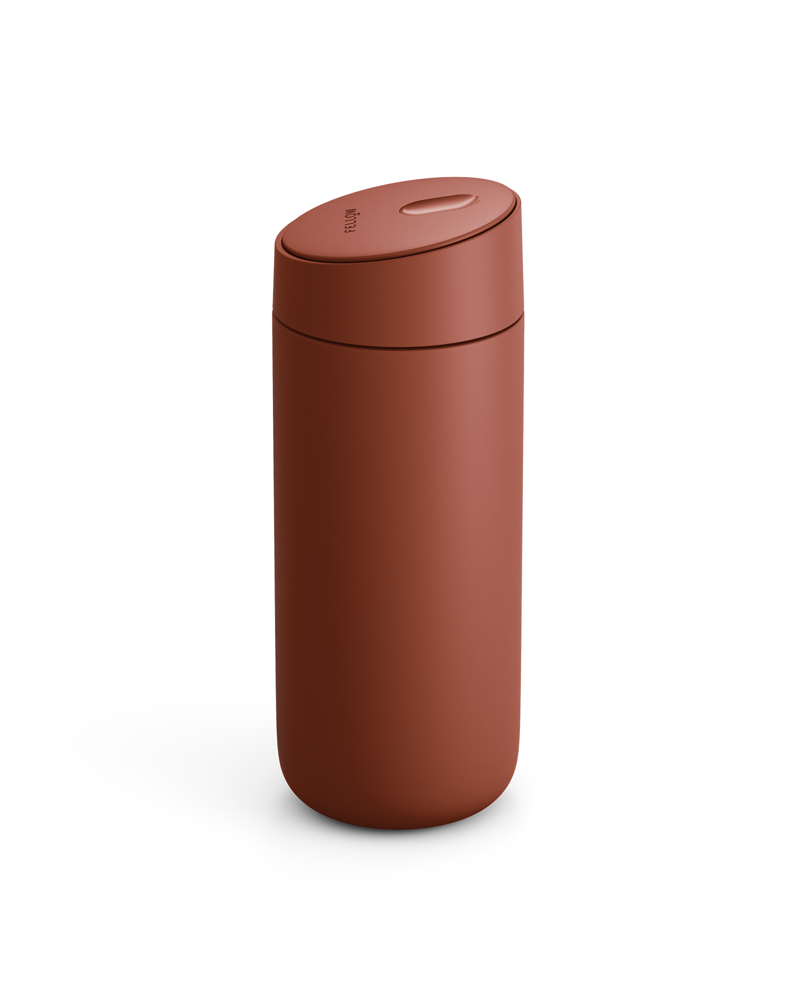 The Fellow Carter Slide Mug is a matte brown travel mug with a seamless, rounded design and lid.