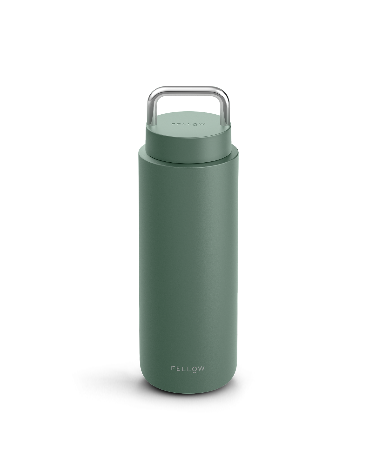 Smoke Green Carter Carry Travel Mug by Fellow with handle and logo at the bottom.