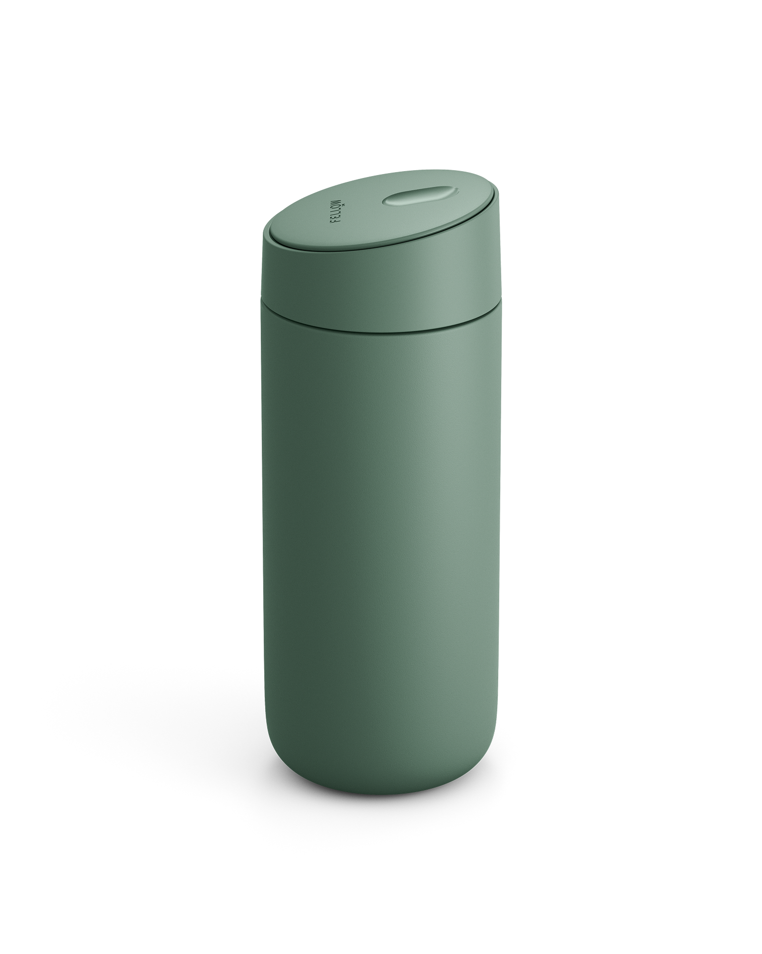 Fellow Carter Slide Mug: matte green, insulated, rounded, with flip-top lid.