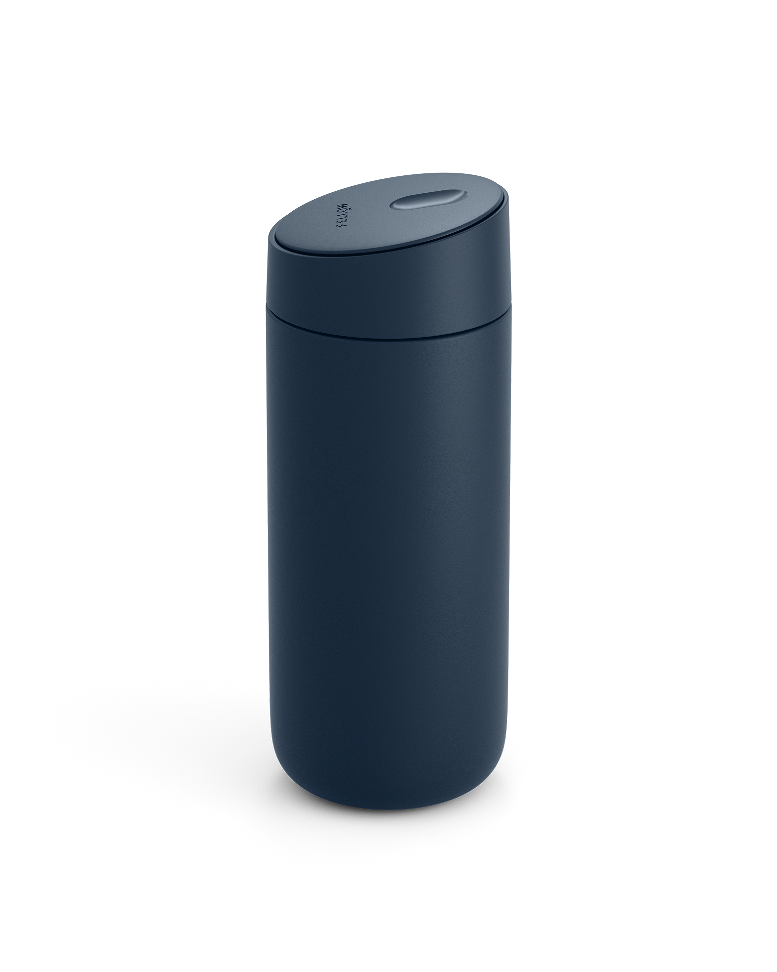 The Fellow Carter Slide Mug is dark blue with a matte finish and a rounded, spill-proof lid.