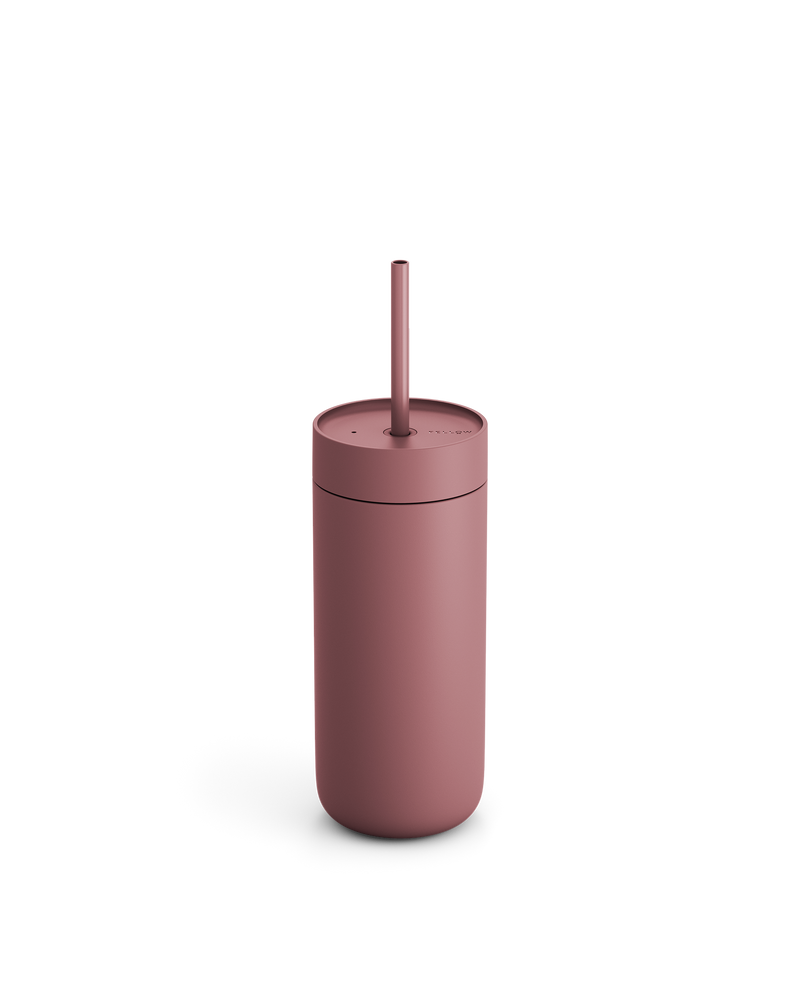 Fellow Carter Cold Tumbler: matte pink cup with matching lid and straw on white background.